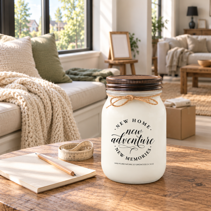 KINDMOOSE New Home New Adventure New Memories 16 oz candle with distressed bronze lid in a peaceful sunroom as a newly purchased home begins to feel settled.