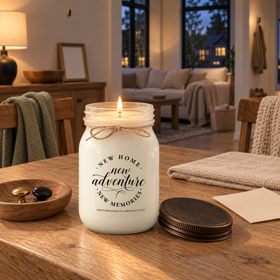 Burning KINDMOOSE New Home New Adventure New Memories 16 oz candle with distressed bronze lid beside it during a peaceful first evening in a newly settled home.