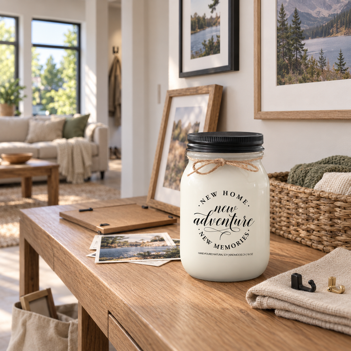 KINDMOOSE New Home New Adventure New Memories 16 oz candle with black lid on a wood console beside photographs and frames as new homeowners personalize their walls.