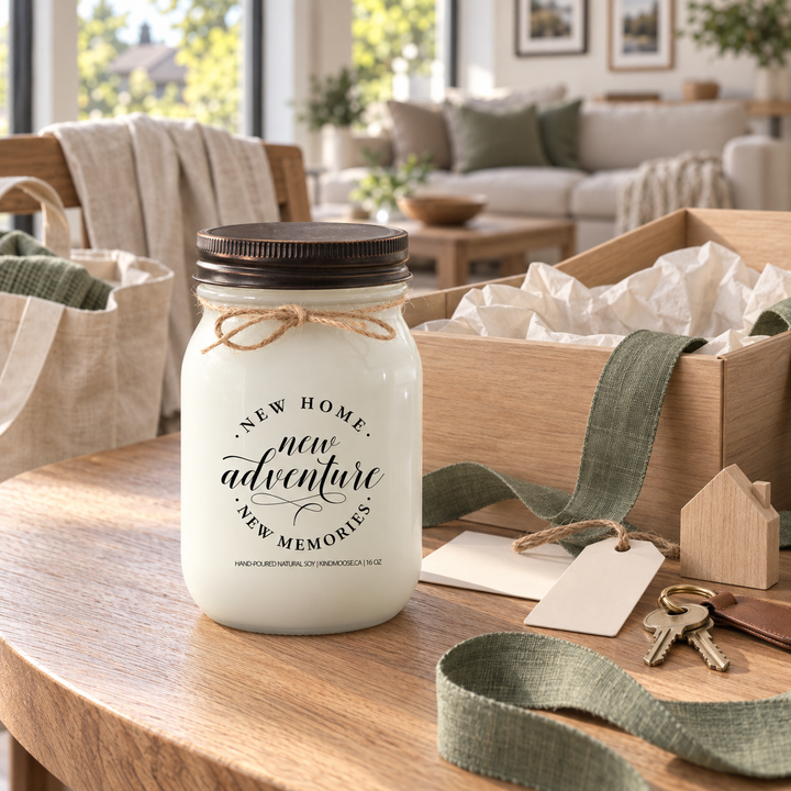 KINDMOOSE New Home New Adventure New Memories 16 oz candle with distressed bronze lid presented with an open gift box, sage ribbon and house keys as a thoughtful new home gift.