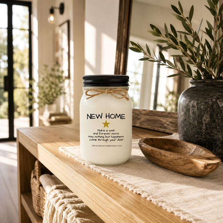 KINDMOOSE Candle Co. "New Home" 16 oz natural soy candle displayed on a warm wooden entryway table beside a rustic bowl and greenery, welcoming homeowners with a thoughtful housewarming gift.