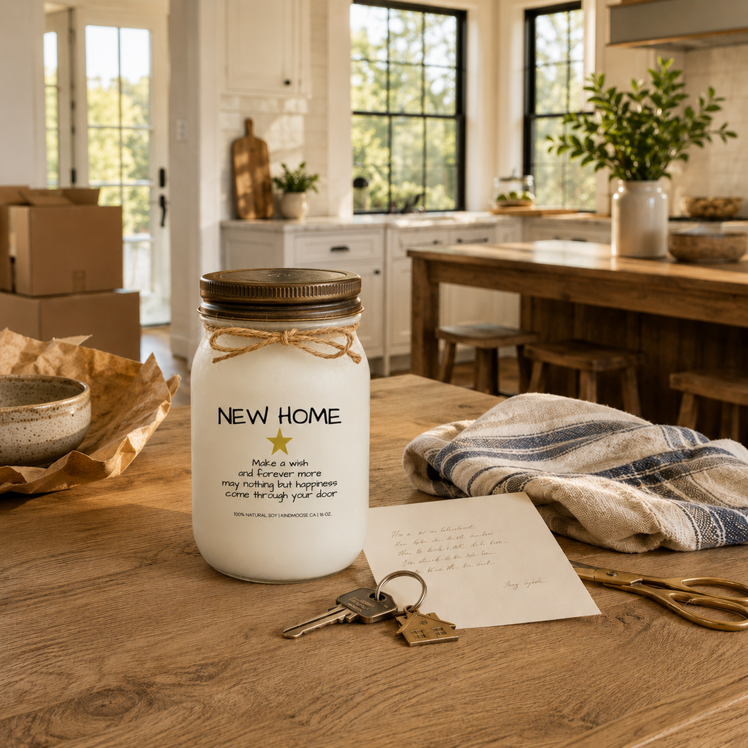 KINDMOOSE Candle Co. "New Home" 16 oz natural soy candle displayed on a farmhouse kitchen table beside house keys, a welcome note, and moving boxes, celebrating the excitement of a new home.