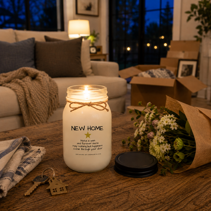 Lit KINDMOOSE Candle Co. "New Home" 16 oz natural soy candle glowing in a cozy living room surrounded by fresh flowers, moving boxes, and house keys, creating a warm housewarming atmosphere.