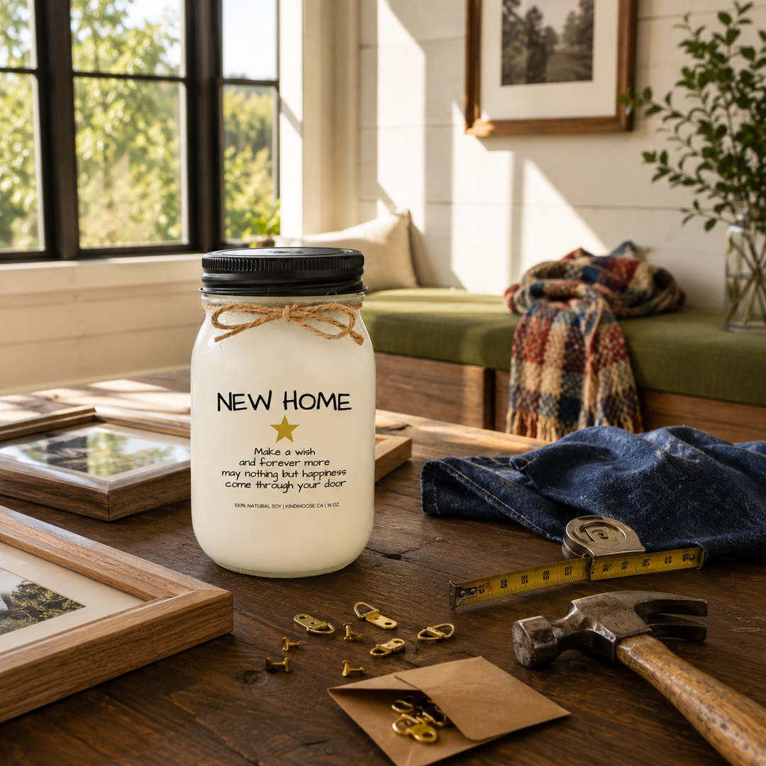 KINDMOOSE Candle Co. "New Home" 16 oz natural soy candle displayed on a rustic coffee table with picture frames, decorating tools, and cozy blankets, celebrating the memories created while making a house a home.