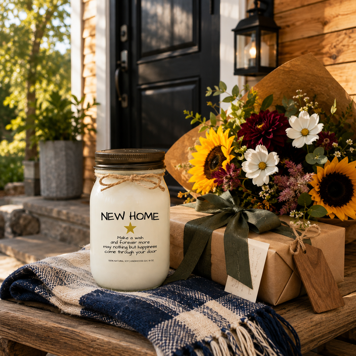 KINDMOOSE Candle Co. "New Home" 16 oz natural soy candle beautifully presented with wrapped gifts and a fresh bouquet on a welcoming front porch, creating a thoughtful housewarming gift for new homeowners.