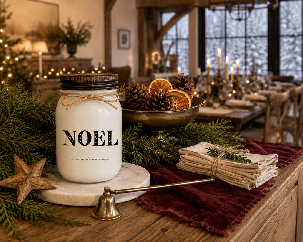 NOEL customizable Christmas candle on a reclaimed white oak sideboard in a luxury farmhouse dining room, styled with fresh cedar garland, dried oranges, pinecones, folded linen napkins, and warm Christmas décor, celebrating the anticipation of welcoming loved ones for the holidays.