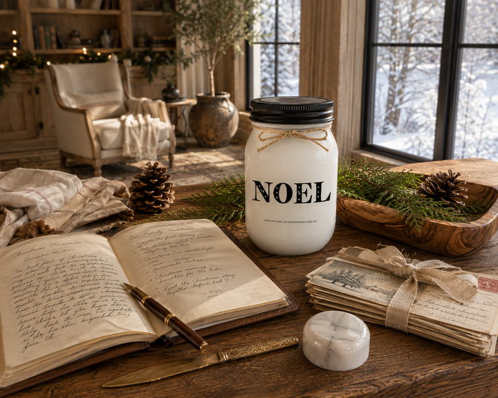 NOEL customizable Christmas candle on a reclaimed white oak writing desk inside a luxury Christmas study, surrounded by a leather-bound journal, handwritten family Christmas memories, vintage postcards, cedar sprigs, pinecones, and elegant farmhouse décor that celebrates preserving timeless holiday traditions.