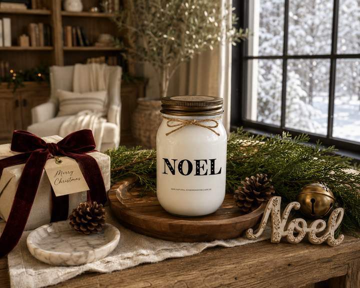 NOEL customizable Christmas candle displayed as an elegant Christmas gift on a reclaimed white oak library console with a wrapped linen present, burgundy velvet ribbon, cedar branches, pinecones, antique brass sleigh bell, and luxury farmhouse décor, capturing the timeless spirit of giving at Christmas.