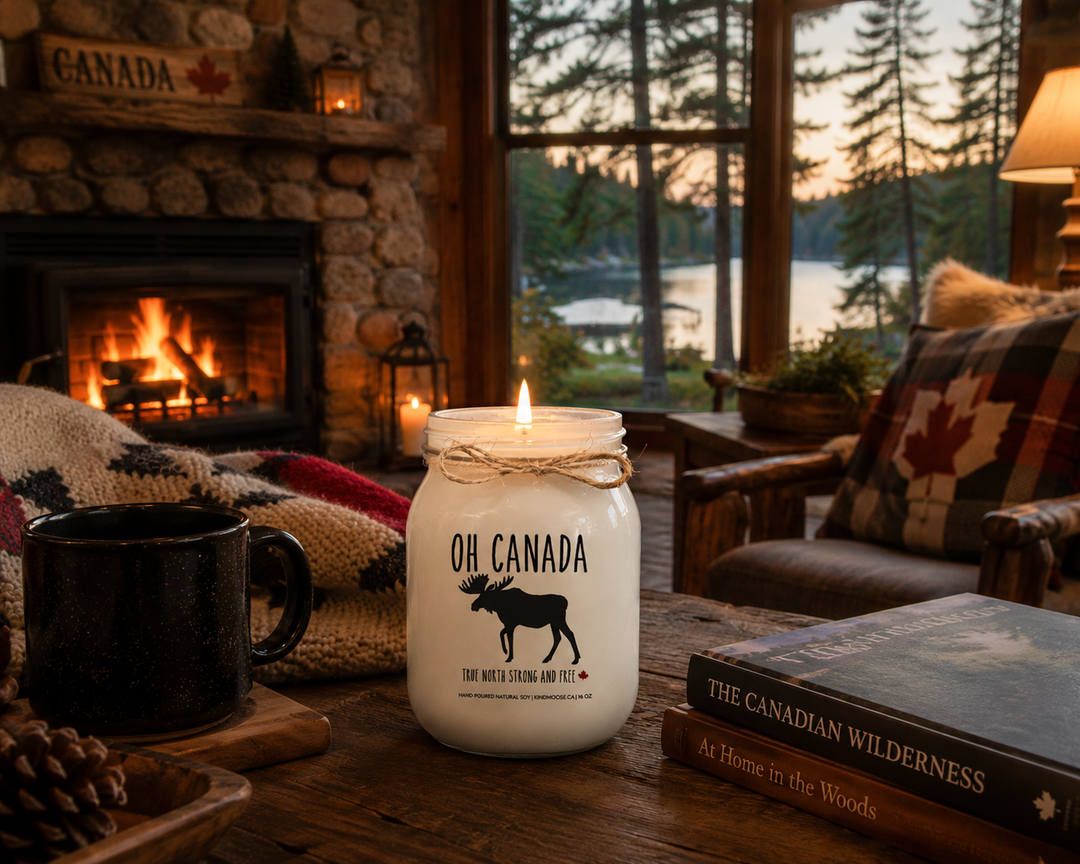 Burning OH CANADA soy candle inside a cozy Canadian cottage featuring a stone fireplace, warm wool blanket, rustic wood furniture, and large windows overlooking the forest.