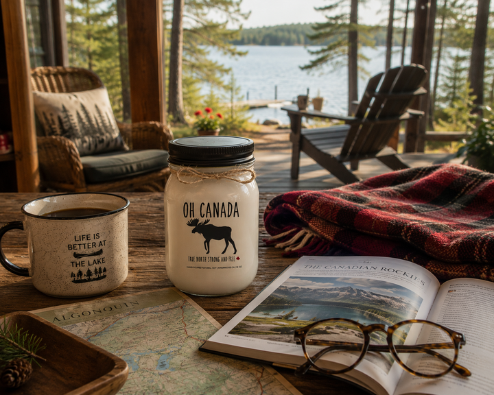 OH CANADA soy candle with black lid displayed in a lived-in cottage setting beside an open travel book, reading glasses, coffee mug, plaid blanket, and provincial park map.