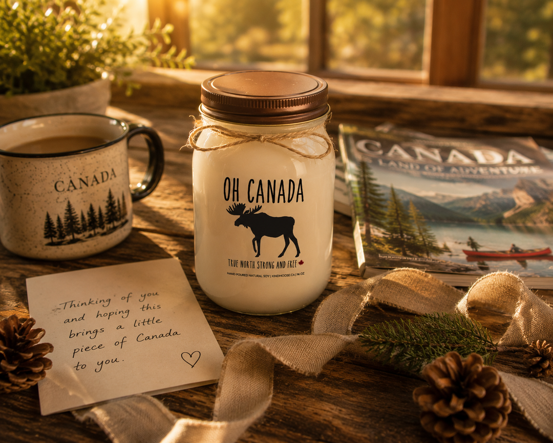 OH CANADA soy candle with distressed bronze lid styled as a thoughtful Canadian gift beside a handwritten card, linen ribbon, travel magazine, coffee mug, pinecones, and greenery.