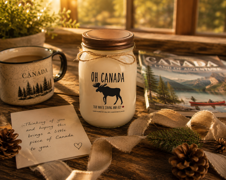 OH CANADA soy candle with distressed bronze lid styled as a thoughtful Canadian gift beside a handwritten card, linen ribbon, travel magazine, coffee mug, pinecones, and greenery.