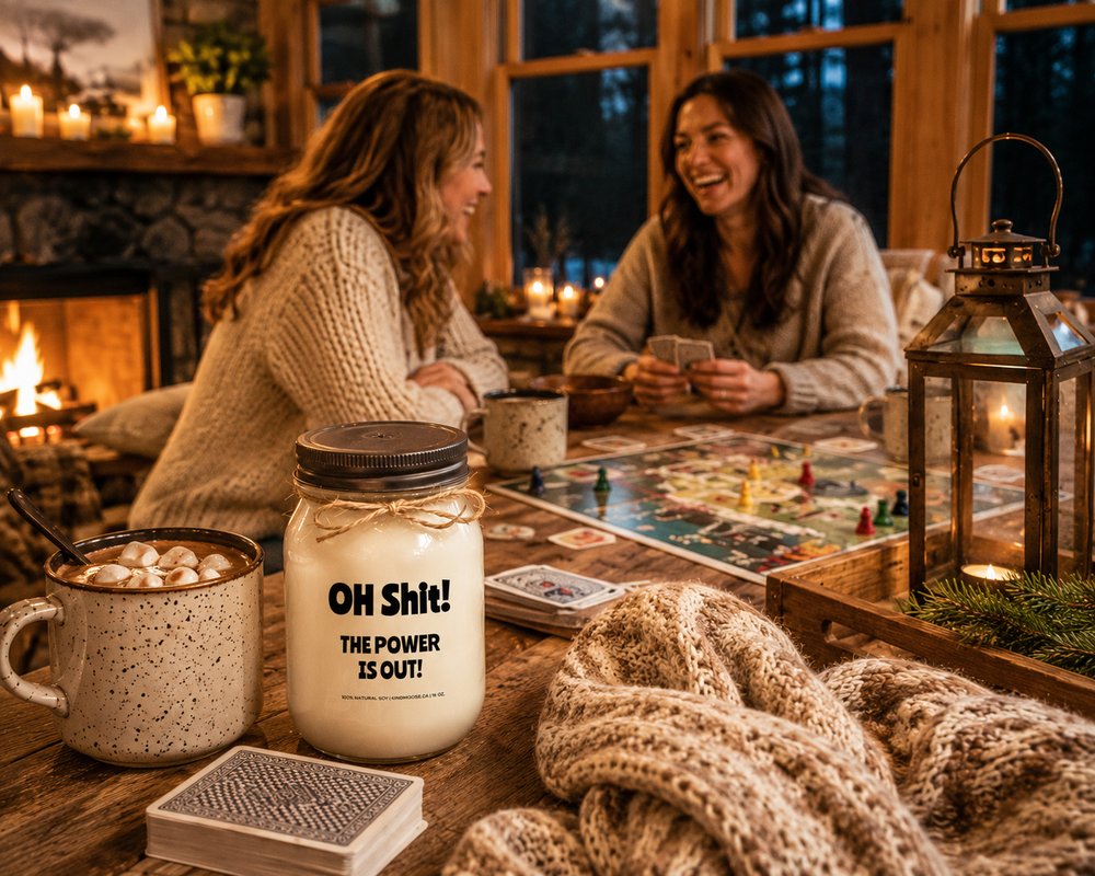 OH SHIT! THE POWER IS OUT! soy candle with distressed bronze lid styled beside hot chocolate, playing cards, a lantern, and a cozy knit blanket during a candlelit cottage evening.
