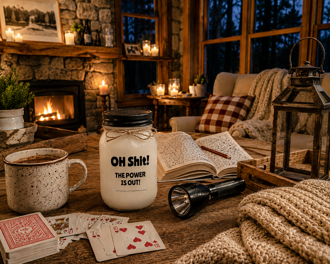 OH SHIT! THE POWER IS OUT! soy candle with black lid displayed beside playing cards, hot chocolate, a flashlight, puzzle book, and knit blanket in a lived-in cottage setting.