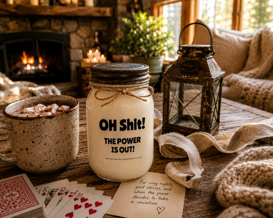 OH SHIT! THE POWER IS OUT! soy candle with distressed bronze lid styled as a thoughtful cottage gift beside a handwritten card, linen ribbon, playing cards, hot chocolate, and a rustic lantern.