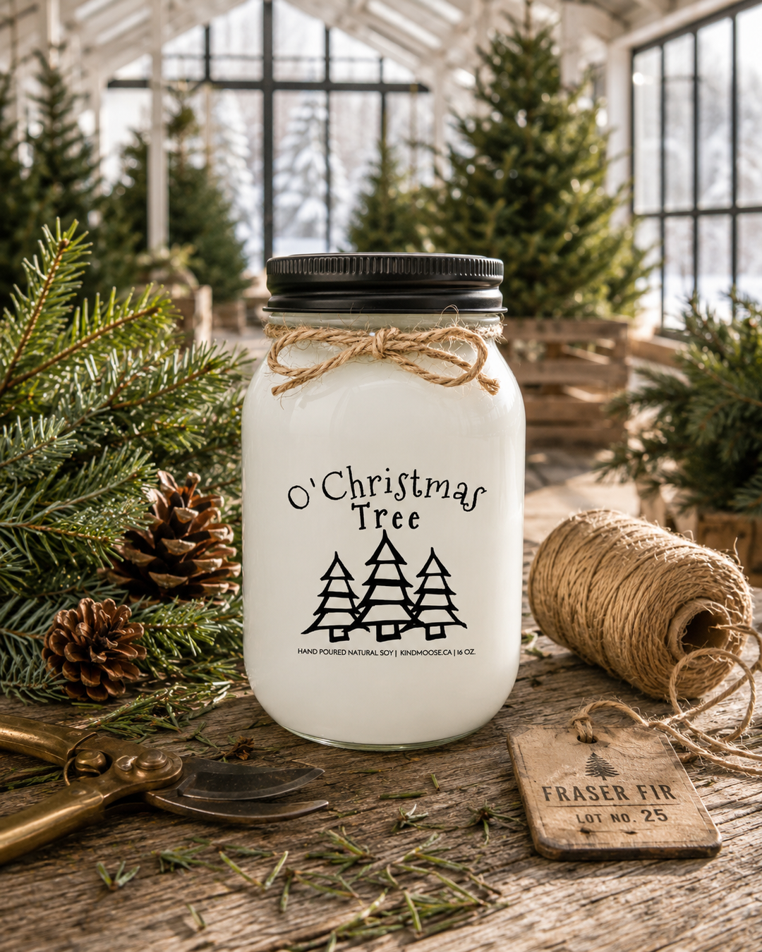 O' Christmas Tree customizable 16 oz soy candle displayed on a reclaimed white oak table inside a luxury Christmas tree farm greenhouse, surrounded by fresh Fraser fir trees, cedar branches, pinecones, antique brass pruning shears, natural jute twine, and soft winter daylight filtering through the glass.