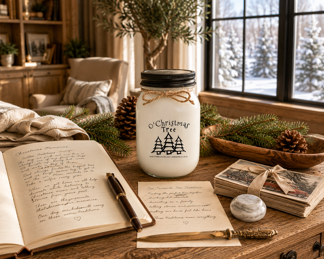 O' Christmas Tree customizable 16 oz soy candle displayed on a reclaimed white oak writing desk in a luxury farmhouse Christmas study, surrounded by a handwritten Christmas journal, vintage postcards, fountain pen, Fraser fir sprigs, pinecones, and softly falling snow beyond large black-framed windows.