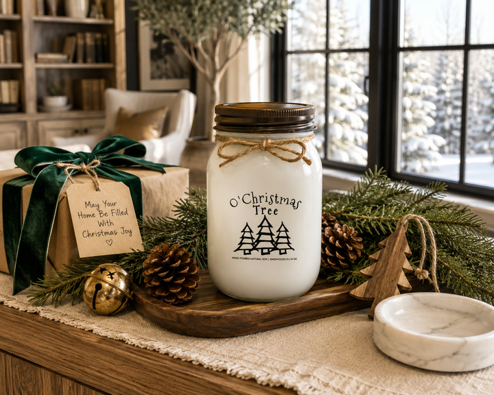 O' Christmas Tree customizable 16 oz soy candle with distressed bronze lid displayed as an elegant Christmas gift on a reclaimed white oak library console, styled with a beautifully wrapped kraft paper present, deep forest green velvet ribbon, Fraser fir branches, pinecones, antique brass sleigh bell, carved wooden Christmas tree ornament, and softly falling snow outside large black-framed windows.