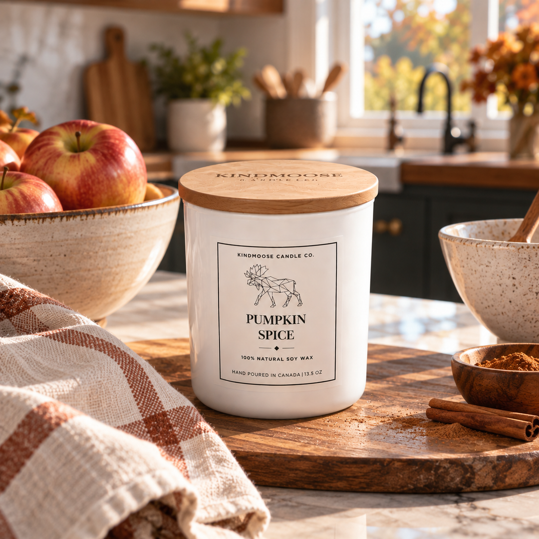 KINDMOOSE Pumpkin Spice double wick soy candle with black lid in a cozy fall home setting with warm sunlight, knit blankets and autumn foliage.