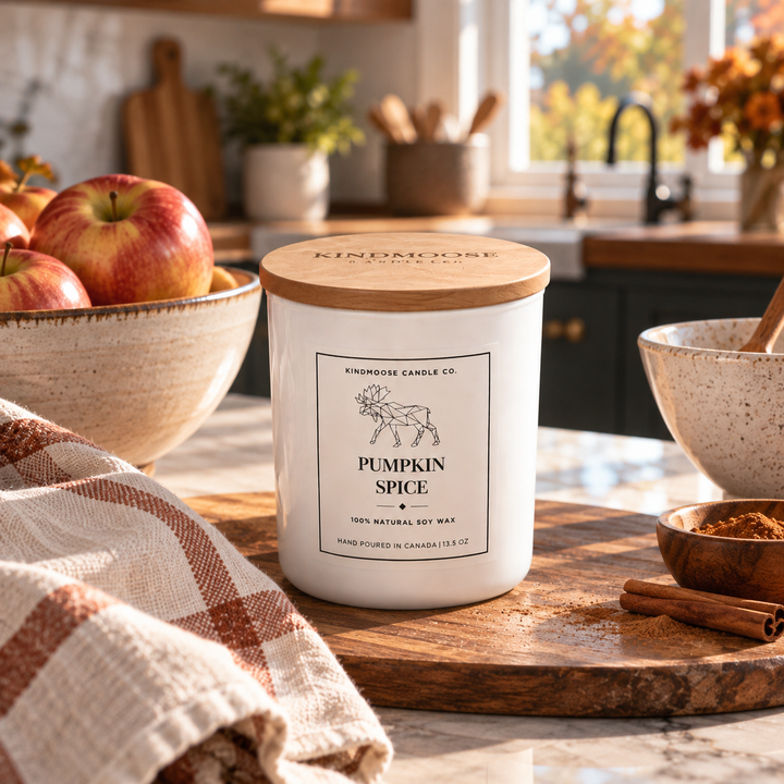 KINDMOOSE Pumpkin Spice double wick soy candle with black lid in a cozy fall home setting with warm sunlight, knit blankets and autumn foliage.