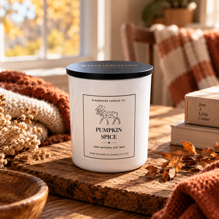 KINDMOOSE Pumpkin Spice 13.5 oz double wick soy candle with wood lid in a warm autumn kitchen with apples, cinnamon sticks and fall accents.