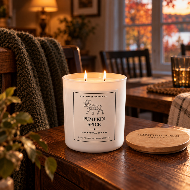 Lit KINDMOOSE Pumpkin Spice double wick soy candle with two flames in a cozy autumn dining room at sunset, with wood lid resting beside it.