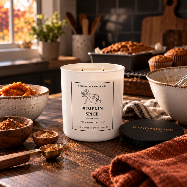 KINDMOOSE Pumpkin Spice double wick soy candle surrounded by pumpkin puree, warm spices and fresh baked goods in an autumn kitchen baking scene.