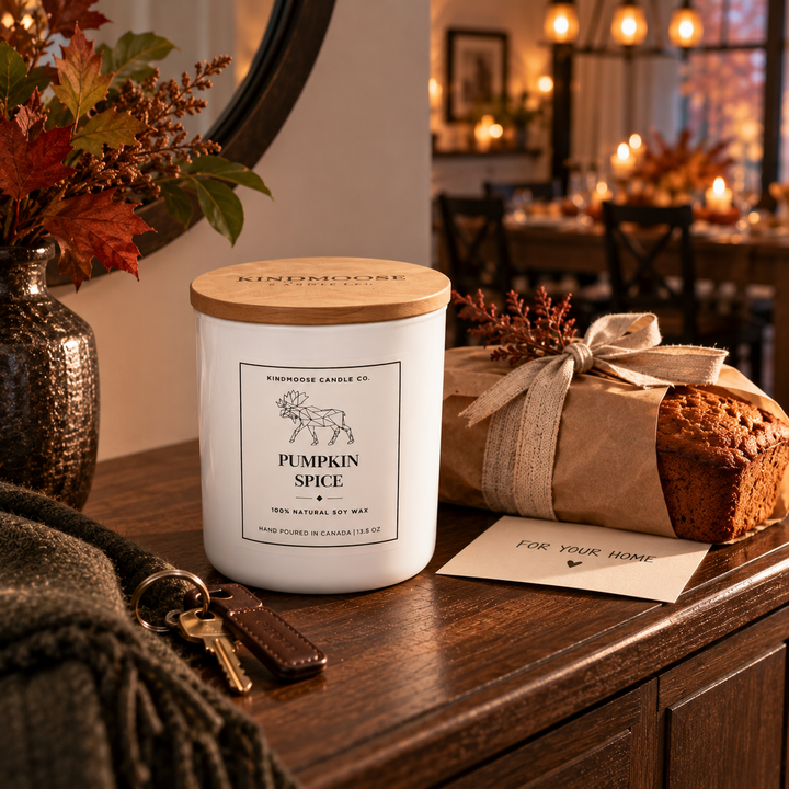 KINDMOOSE Pumpkin Spice double wick soy candle with wood lid presented as a thoughtful autumn hostess gift beside a wrapped loaf and handwritten card.