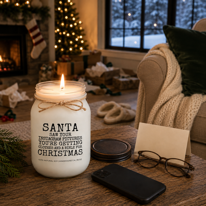 Burning KINDMOOSE Santa Saw Your Instagram Pictures Christmas candle in a cozy farmhouse family room at the quiet end of Christmas Day.