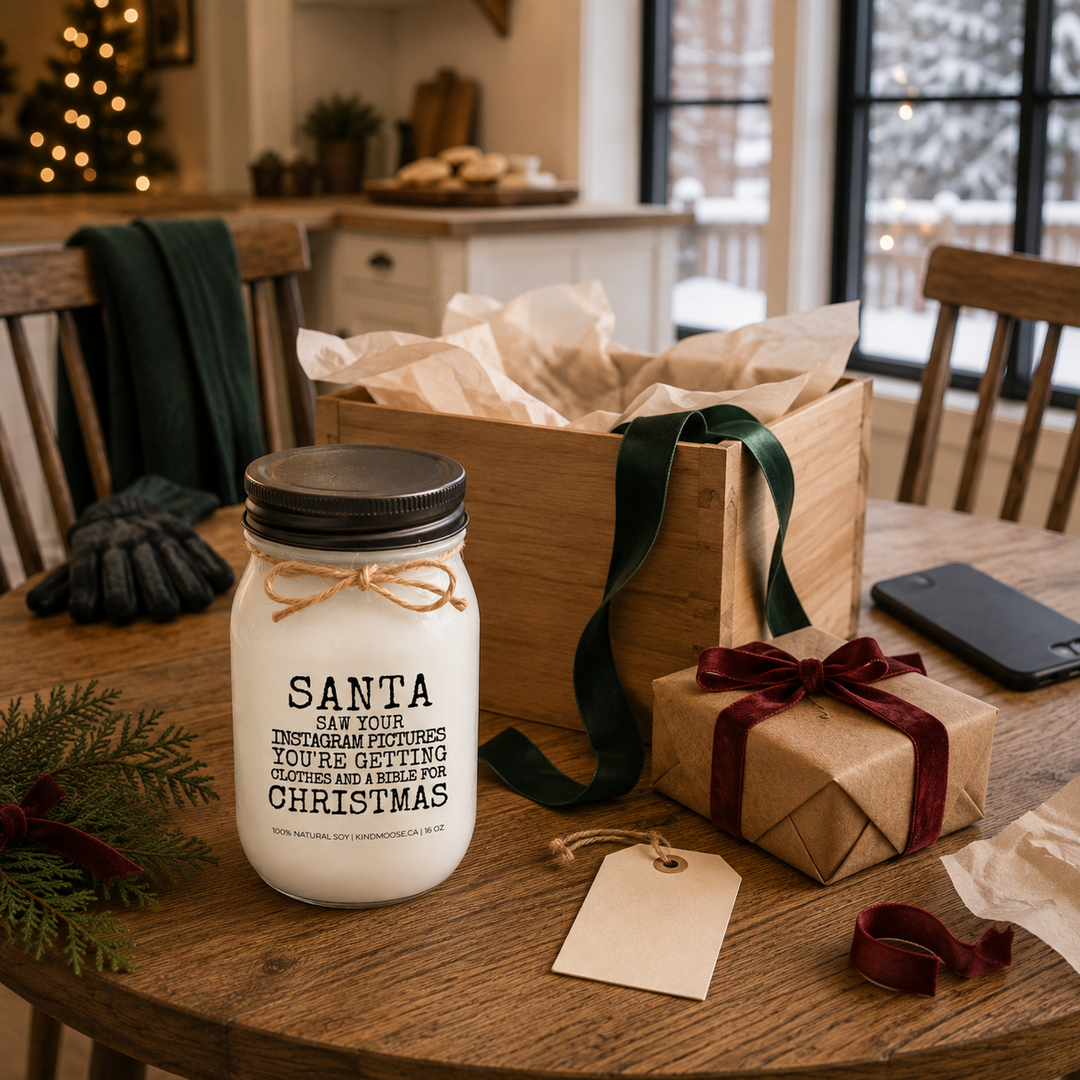 KINDMOOSE Santa Saw Your Instagram Pictures Christmas candle presented as a funny holiday gift at a warm farmhouse Christmas gathering with friends.