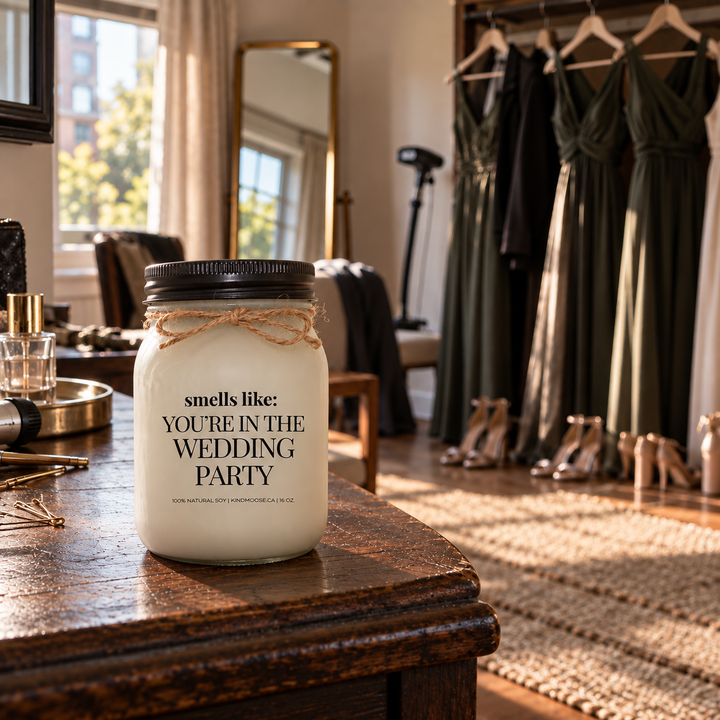 KINDMOOSE Smells Like You're in the Wedding Party candle in a wedding getting-ready room with formal outfits and shoes prepared nearby.