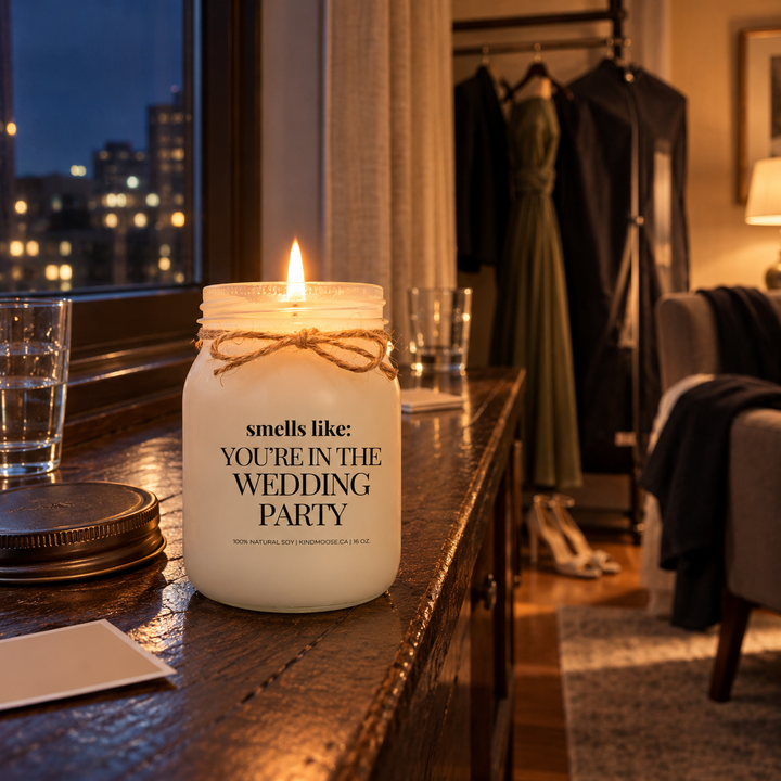 Burning KINDMOOSE Smells Like You're in the Wedding Party candle in a quiet hotel suite the night before the wedding, with formal attire ready nearby.