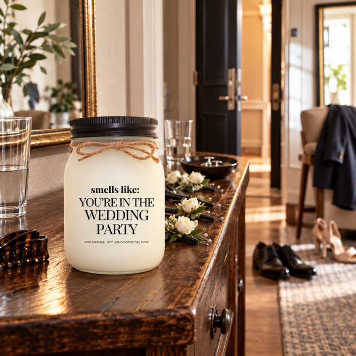 KINDMOOSE Smells Like You're in the Wedding Party candle in a wedding-morning entry area with formal shoes, jacket and wedding-party accessories ready to go.