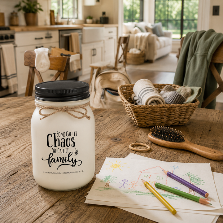 Some Call It Chaos We Call It Family KINDMOOSE 16 oz candle in a bright, lived-in modern farmhouse kitchen.