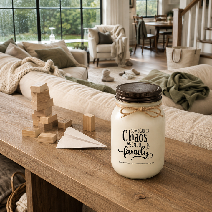 Some Call It Chaos We Call It Family KINDMOOSE candle styled in a cozy family room after a rainy afternoon at home.