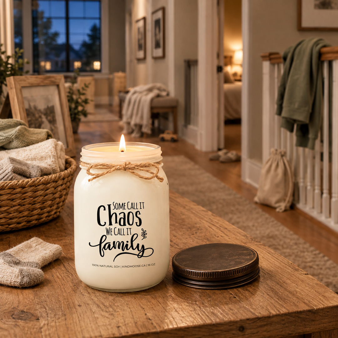 Burning Some Call It Chaos We Call It Family KINDMOOSE candle in a peaceful family home hallway after bedtime.