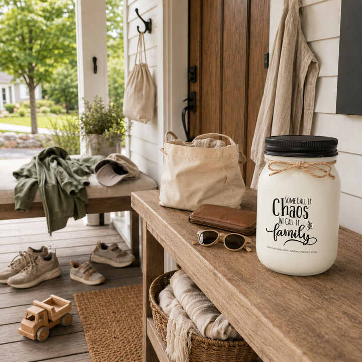 Some Call It Chaos We Call It Family KINDMOOSE candle on a lived-in farmhouse porch after a busy family departure.