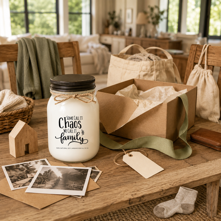 Some Call It Chaos We Call It Family KINDMOOSE candle presented as a meaningful family gift with a kraft gift box and ribbon.