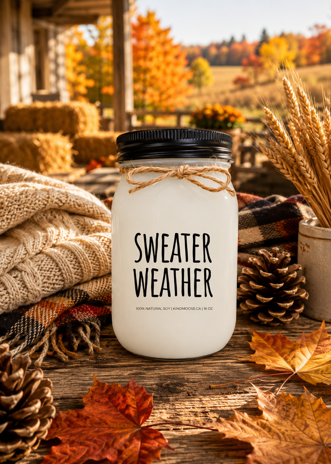 SWEATER WEATHER soy candle displayed on a rustic farmhouse table surrounded by a cozy knit sweater, colourful autumn leaves, pinecones, wheat stems, and seasonal harvest décor. Warm autumn sunshine and a countryside farmhouse backdrop celebrate sweater season, fall traditions, and the comfort of autumn living.