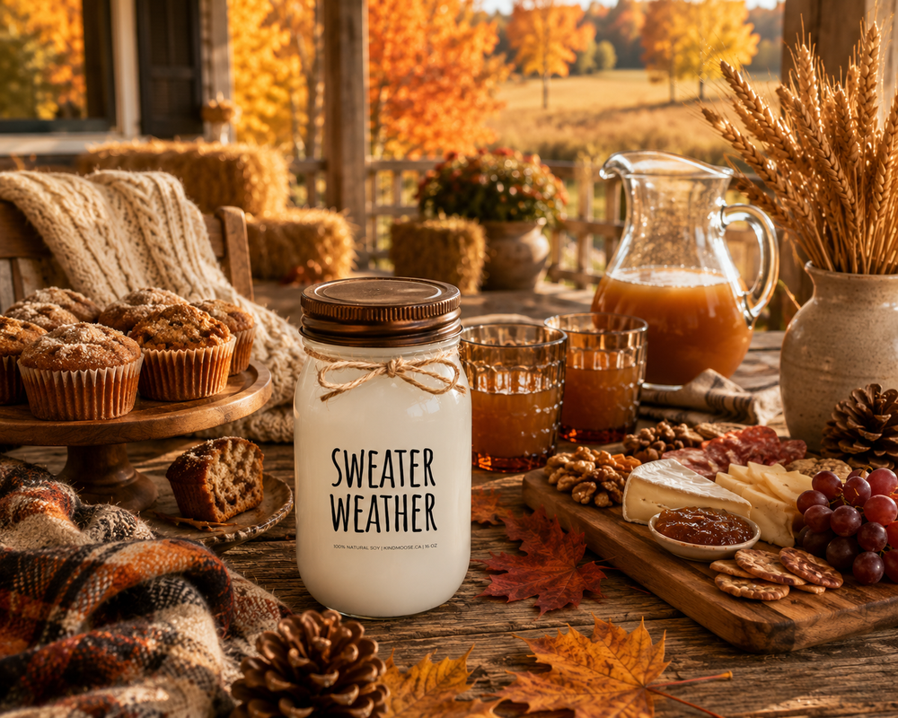 SWEATER WEATHER soy candle with distressed bronze lid styled on a rustic farmhouse table beside warm apple cider, cinnamon muffins, seasonal snacks, a cozy knit sweater, plaid blanket, pinecones, and autumn leaves. The welcoming fall gathering scene captures the comfort, traditions, and simple pleasures of sweater season.