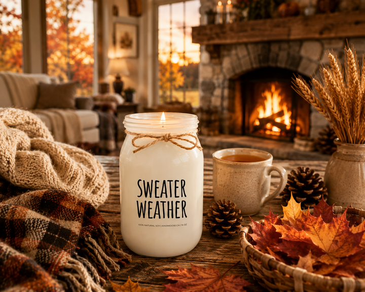 Burning SWEATER WEATHER soy candle displayed in a cozy farmhouse living room featuring a stone fireplace, chunky knit blankets, warm apple cider, pinecones, wheat stems, and colourful autumn leaves. The inviting autumn evening scene celebrates relaxation, comfort, and everything people love about sweater weather.