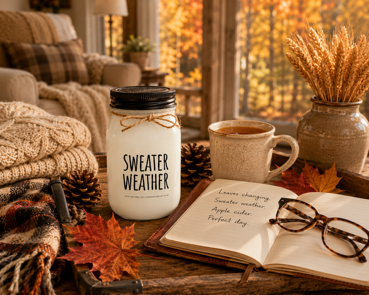 SWEATER WEATHER soy candle styled beside an autumn journal, reading glasses, warm apple cider, a folded knit sweater, plaid scarf, pinecones, wheat stems, and colourful fall leaves. Bathed in warm afternoon sunlight, the cozy reflection scene captures the simple comforts, traditions, and nostalgia of autumn.