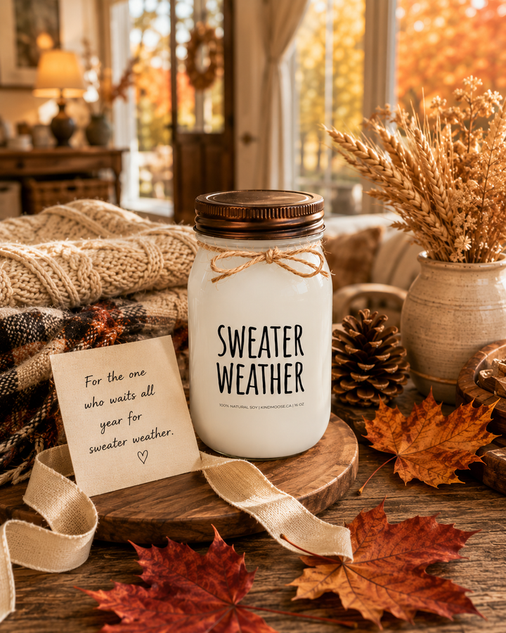 SWEATER WEATHER soy candle with distressed bronze lid displayed as a thoughtful fall gift on a farmhouse entry table. Surrounded by a chunky knit sweater, plaid scarf, autumn leaves, pinecones, wheat stems, linen ribbon, and a handwritten gift card, the scene celebrates cozy comfort, sweater season, and the joy of autumn gifting.