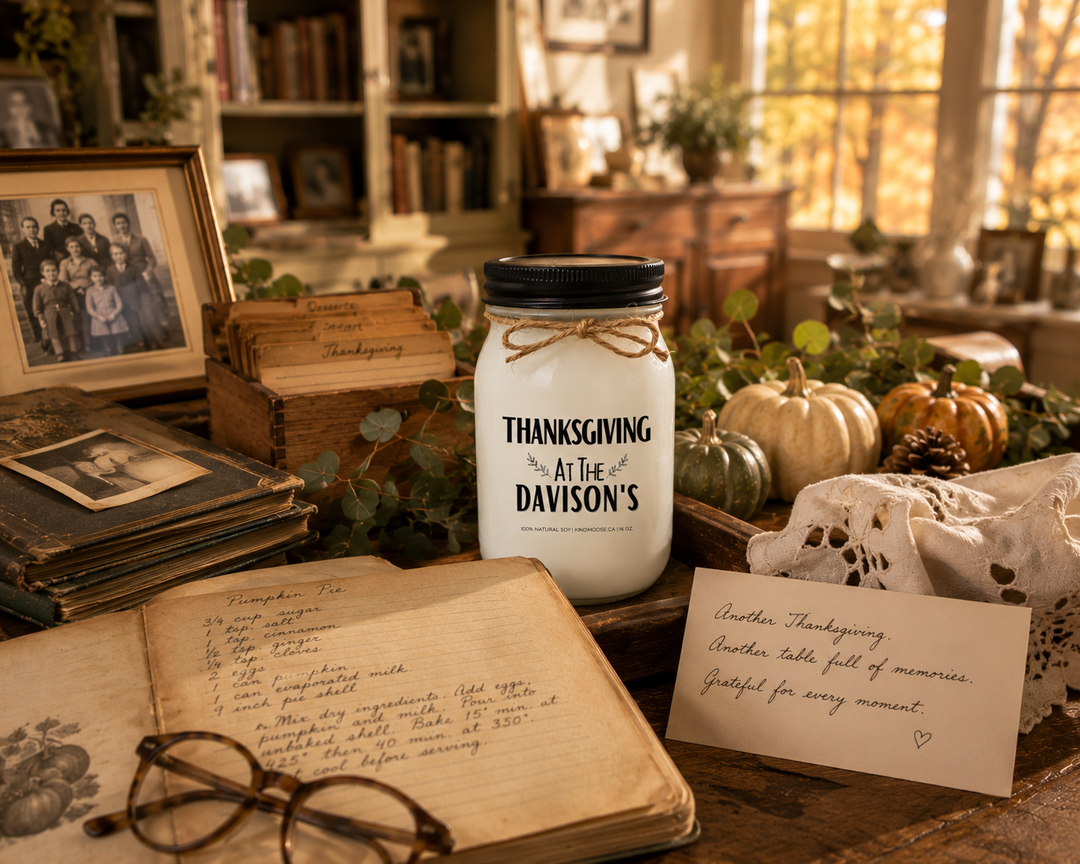 Personalized "THANKSGIVING AT THE..." KINDMOOSE 16 oz soy candle with a black lid displayed in a cozy farmhouse study beside a well-loved family recipe book, handwritten note, vintage photo albums, framed family photograph, and autumn décor. Warm afternoon sunlight and rustic styling celebrate cherished family traditions passed from generation to generation.
