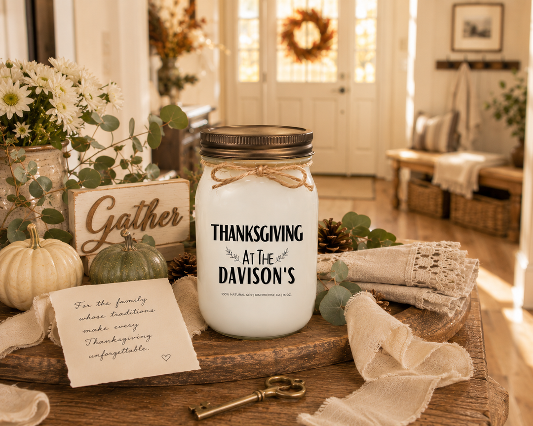 Personalized "THANKSGIVING AT THE..." KINDMOOSE 16 oz soy candle with a distressed bronze lid displayed as a thoughtful Thanksgiving gift on a farmhouse entry console. Surrounded by heirloom pumpkins, white chrysanthemums, eucalyptus, woven textures, a wooden "Gather" sign, and a handwritten card, the elegant foyer setting celebrates family traditions, gratitude, and welcoming loved ones home.
