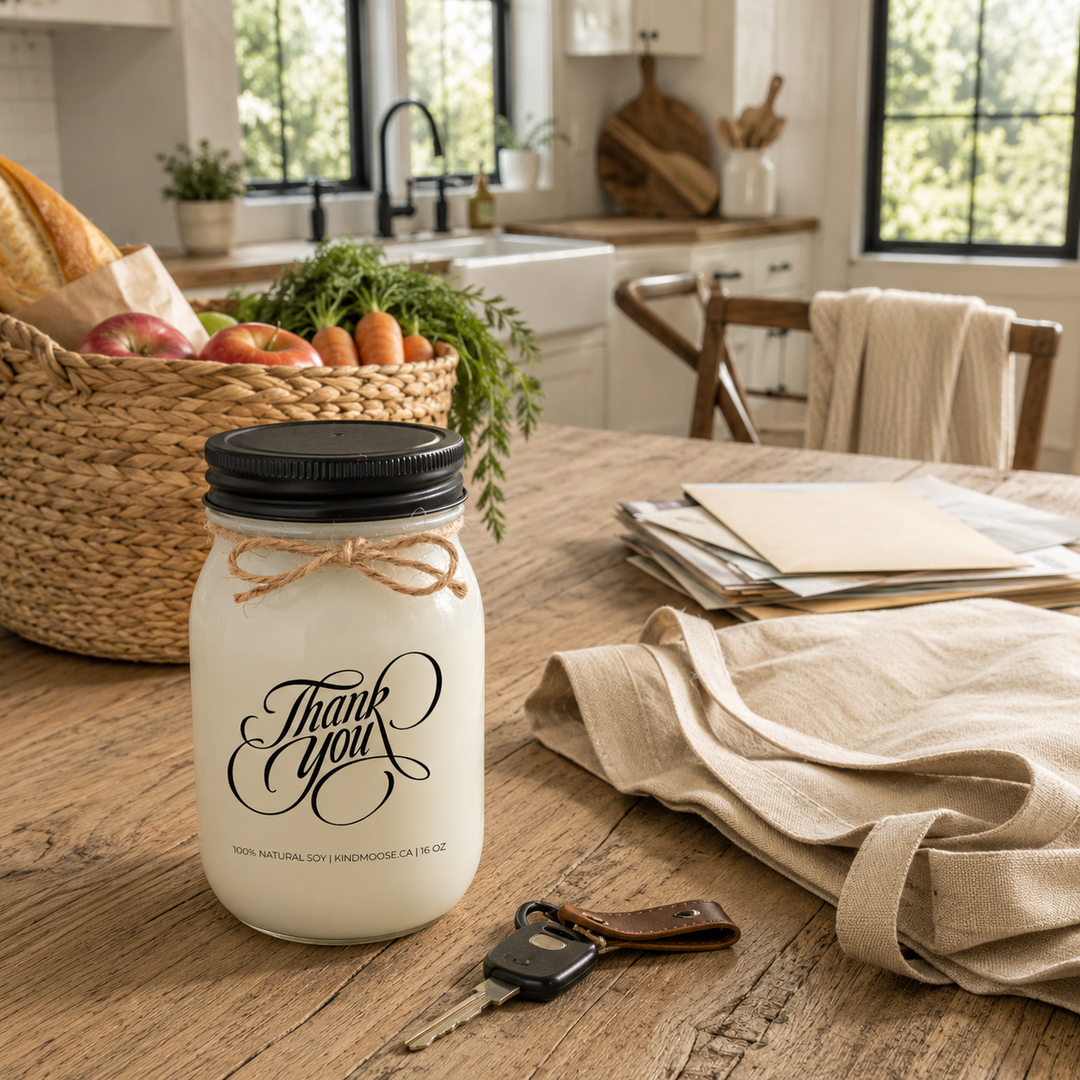 KINDMOOSE Thank You candle on a white oak kitchen island with groceries and everyday items, representing gratitude for someone who helped make a busy day easier.