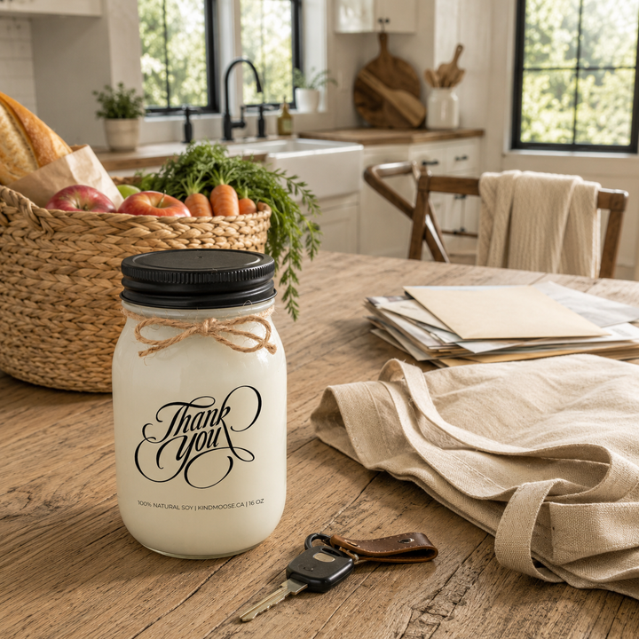 KINDMOOSE Thank You candle on a white oak kitchen island with groceries and everyday items, representing gratitude for someone who helped make a busy day easier.