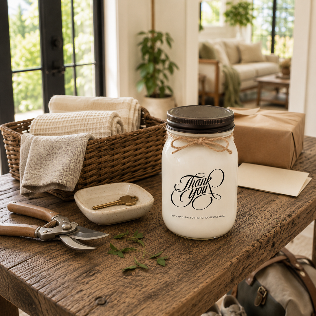 KINDMOOSE Thank You candle in a warm home entryway with returned house key, folded linens and a parcel, representing gratitude for someone who cared for the home while away.