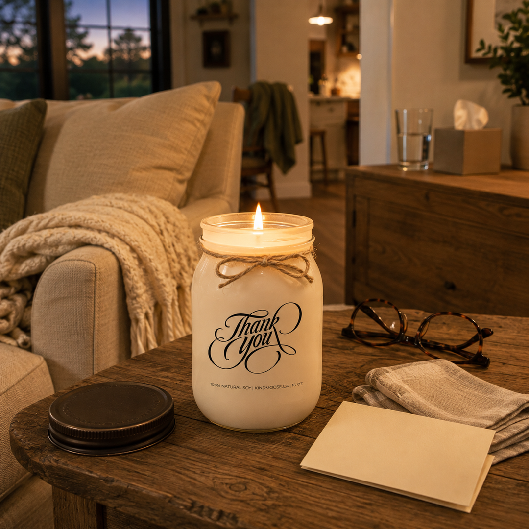 Burning KINDMOOSE Thank You candle beside a comfortable sofa in a peaceful family room, representing gratitude for someone who showed up and offered support when it mattered.