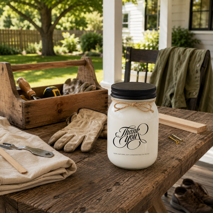 KINDMOOSE Thank You candle on a covered porch worktable with simple hand tools and work gloves, representing gratitude for someone who gave their time to help with a home project.
